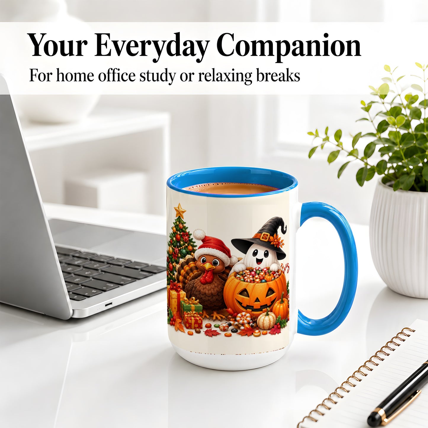 #pl[15oz|Blue] Holiday Ghost Turkey Ceramic Mug, Halloween Christmas Artwork