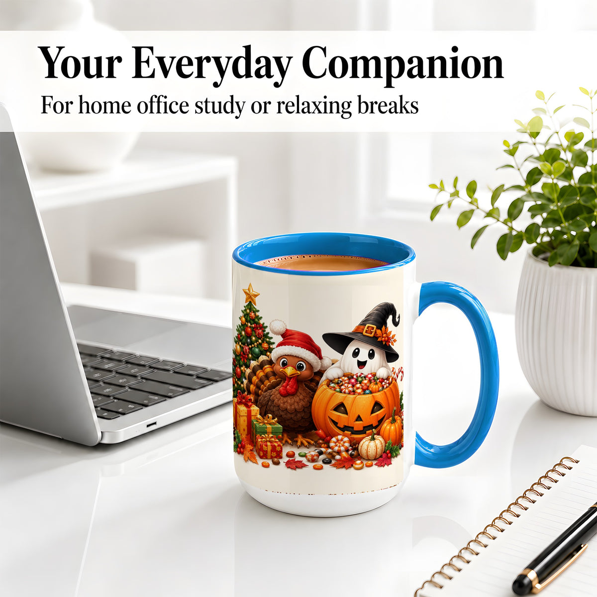 #pl[15oz|Blue] Holiday Ghost Turkey Ceramic Mug, Halloween Christmas Artwork