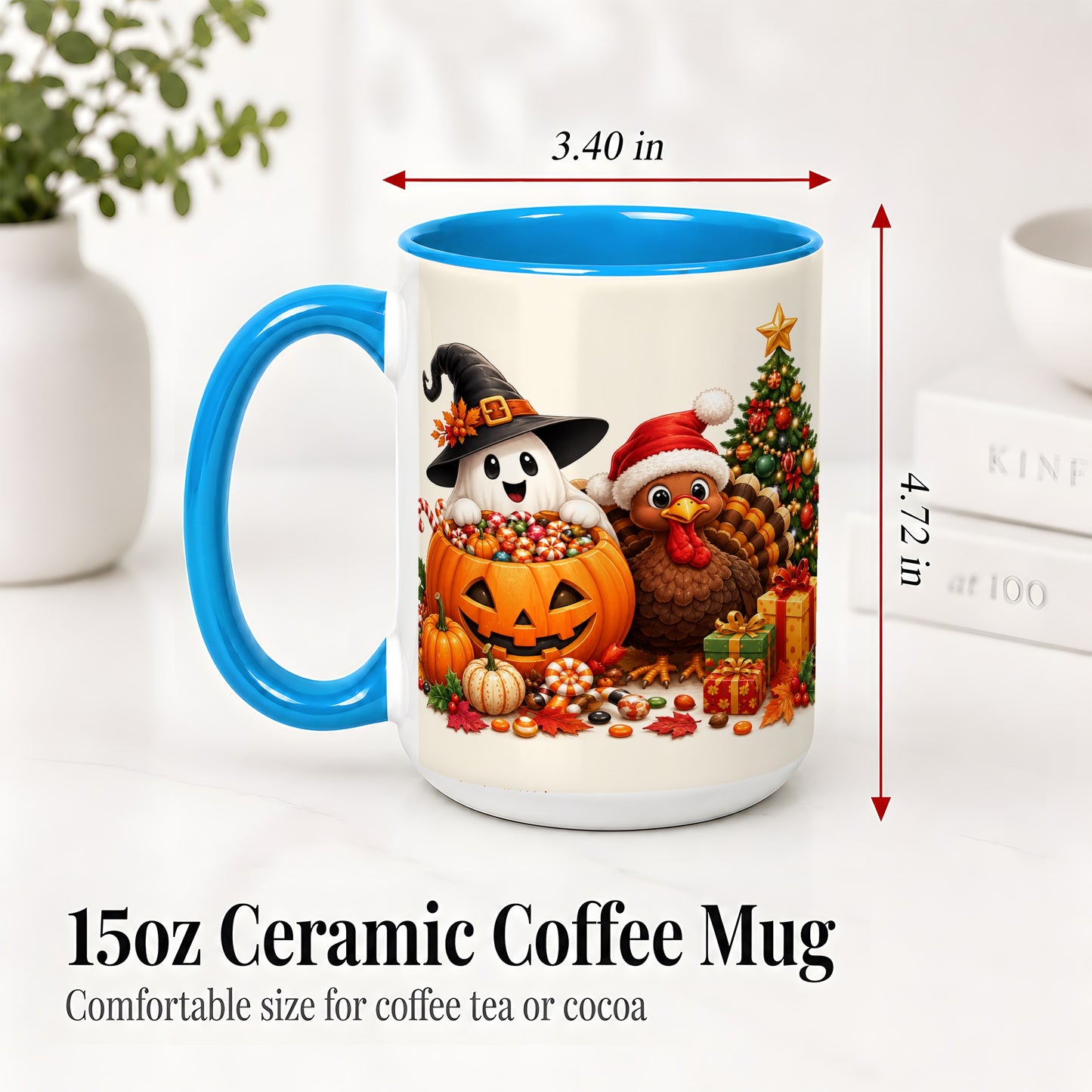 #pl[15oz|Blue] Holiday Ghost Turkey Ceramic Mug, Halloween Christmas Artwork
