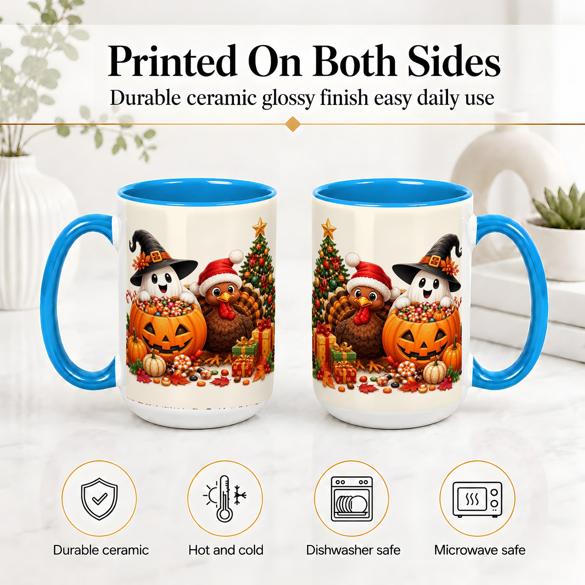 #pl[15oz|Blue] Holiday Ghost Turkey Ceramic Mug, Halloween Christmas Artwork