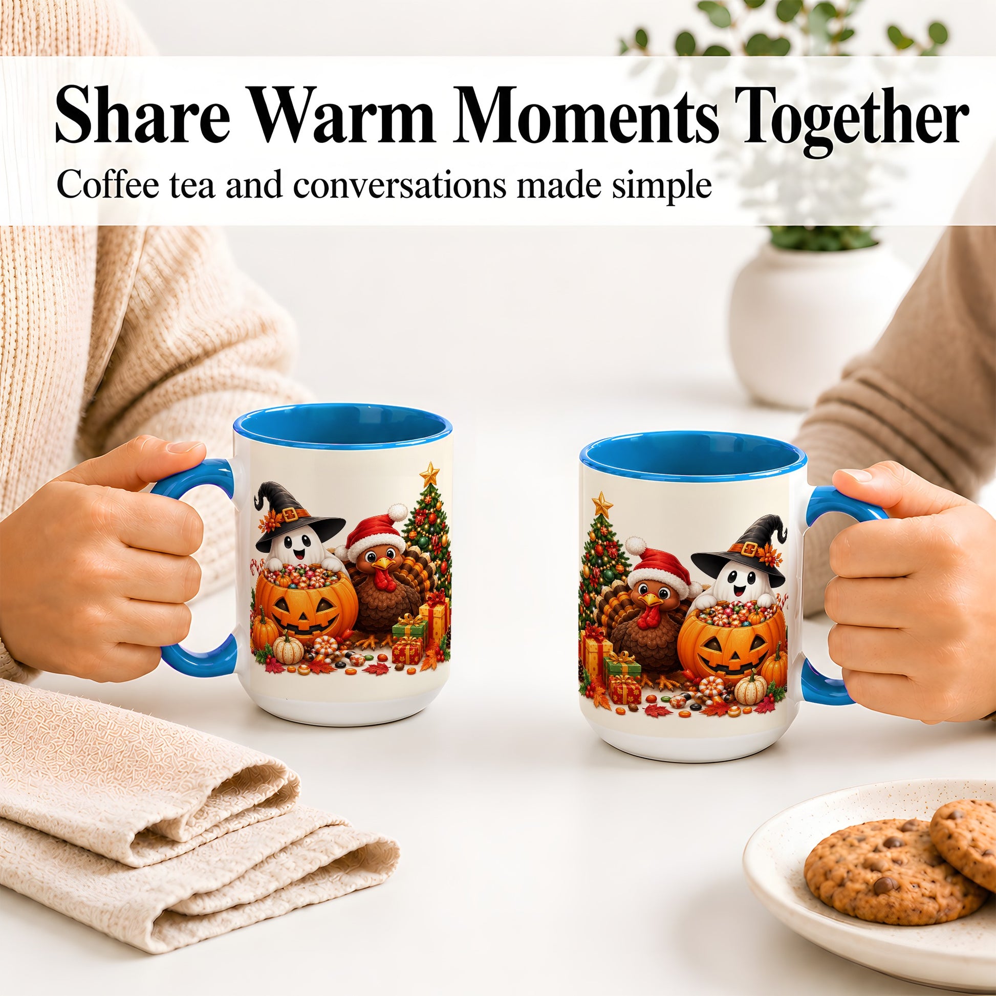 #pl[15oz|Blue] Holiday Ghost Turkey Ceramic Mug, Halloween Christmas Artwork