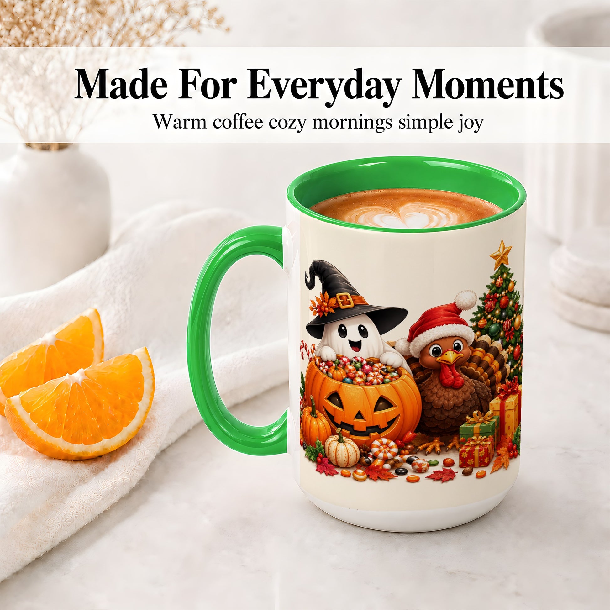 #pl[15oz|Green] Holiday Ghost Turkey Ceramic Mug, Halloween Christmas Artwork