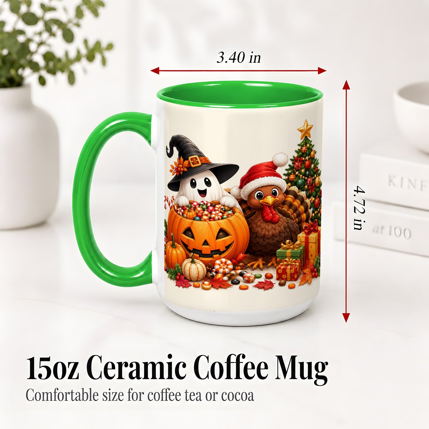 #pl[15oz|Green] Holiday Ghost Turkey Ceramic Mug, Halloween Christmas Artwork