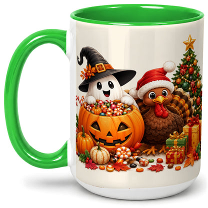 #pl[15oz|Green] Holiday Ghost Turkey Ceramic Mug, Halloween Christmas Artwork