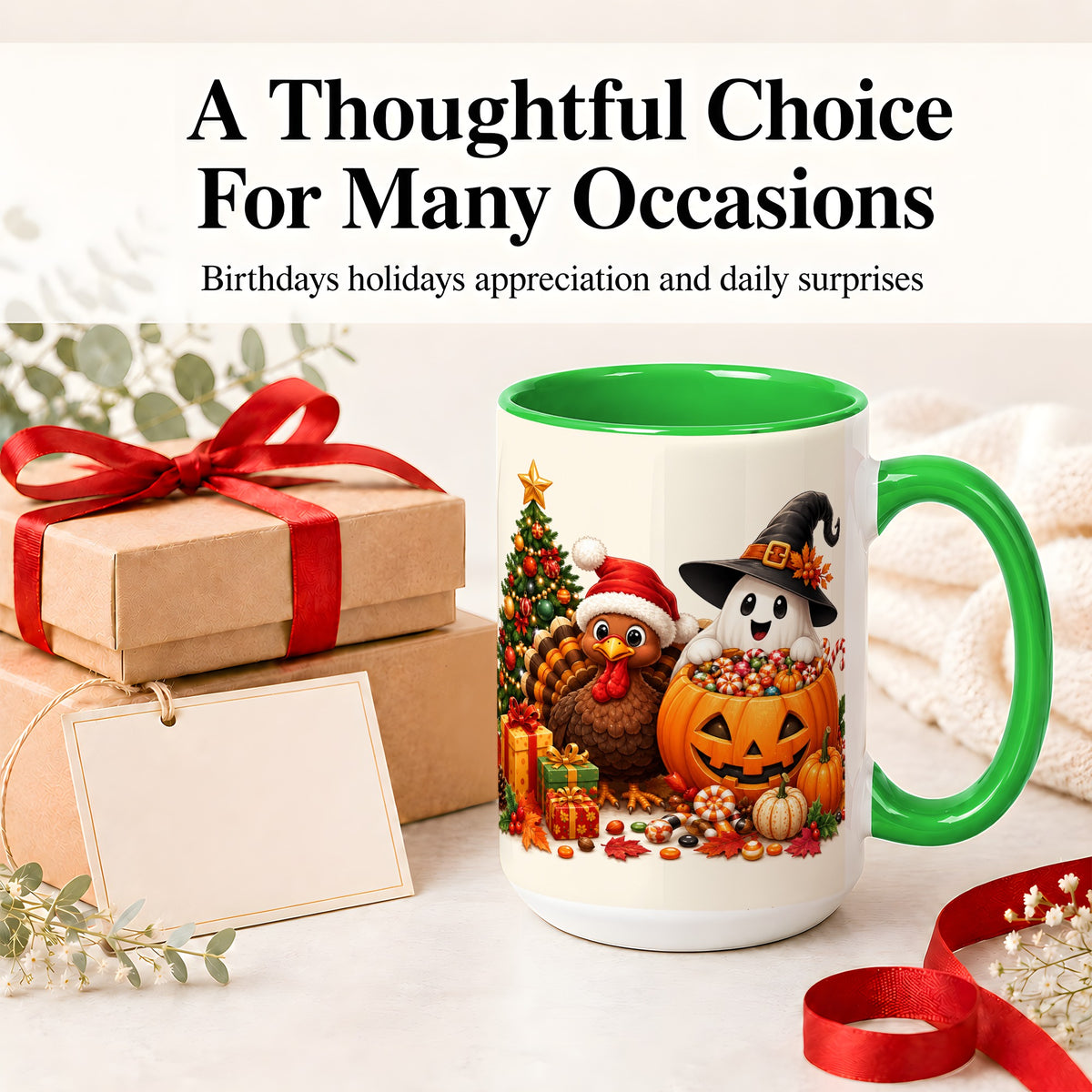 #pl[15oz|Green] Holiday Ghost Turkey Ceramic Mug, Halloween Christmas Artwork
