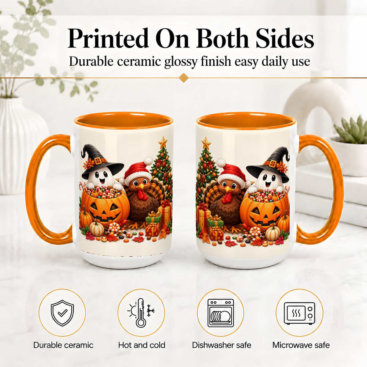 #pl[15oz|Orange] Holiday Ghost Turkey Ceramic Mug, Halloween Christmas Artwork