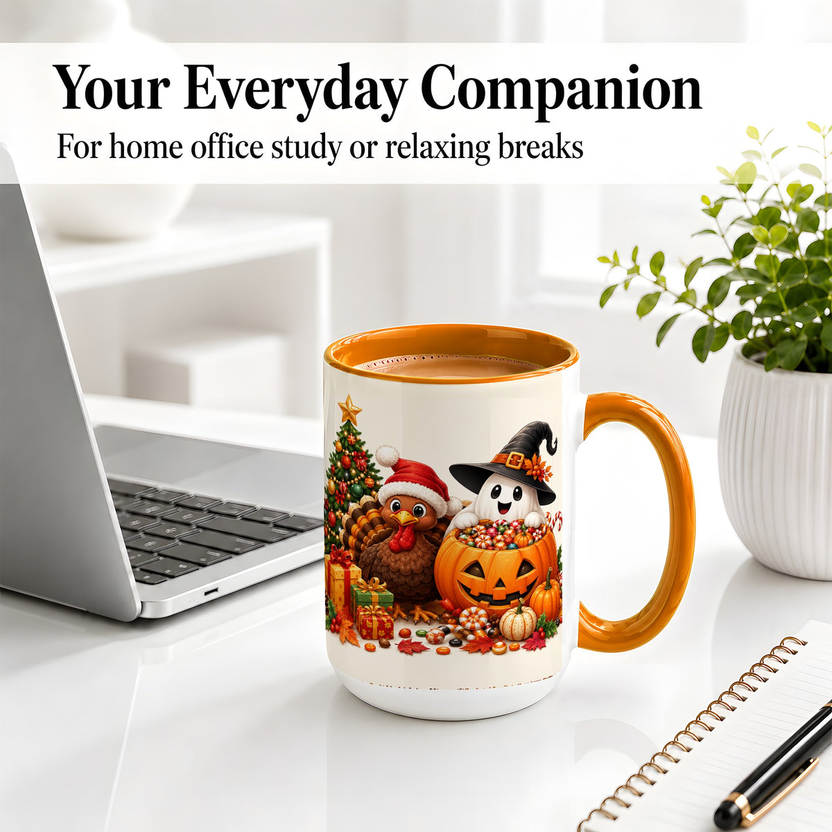#pl[15oz|Orange] Holiday Ghost Turkey Ceramic Mug, Halloween Christmas Artwork