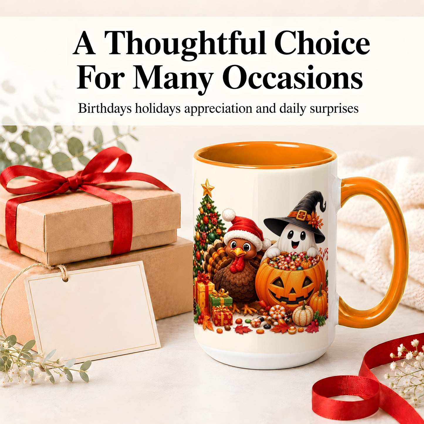 #pl[15oz|Orange] Holiday Ghost Turkey Ceramic Mug, Halloween Christmas Artwork