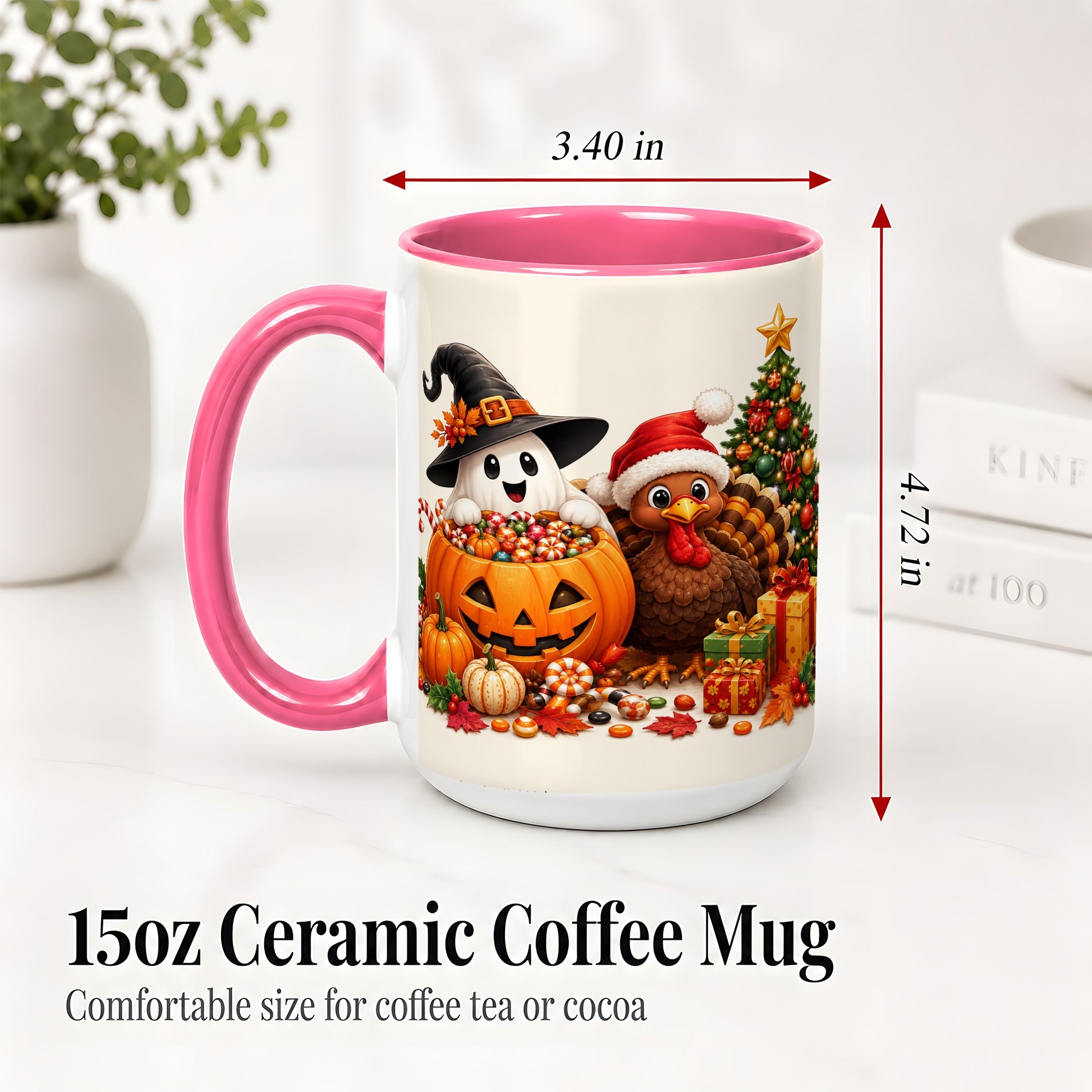 #pl[15oz|Pink] Holiday Ghost Turkey Ceramic Mug, Halloween Christmas Artwork