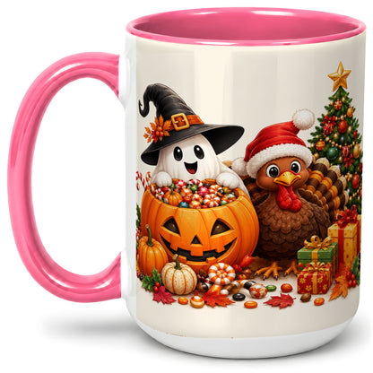 #pl[15oz|Pink] Holiday Ghost Turkey Ceramic Mug, Halloween Christmas Artwork