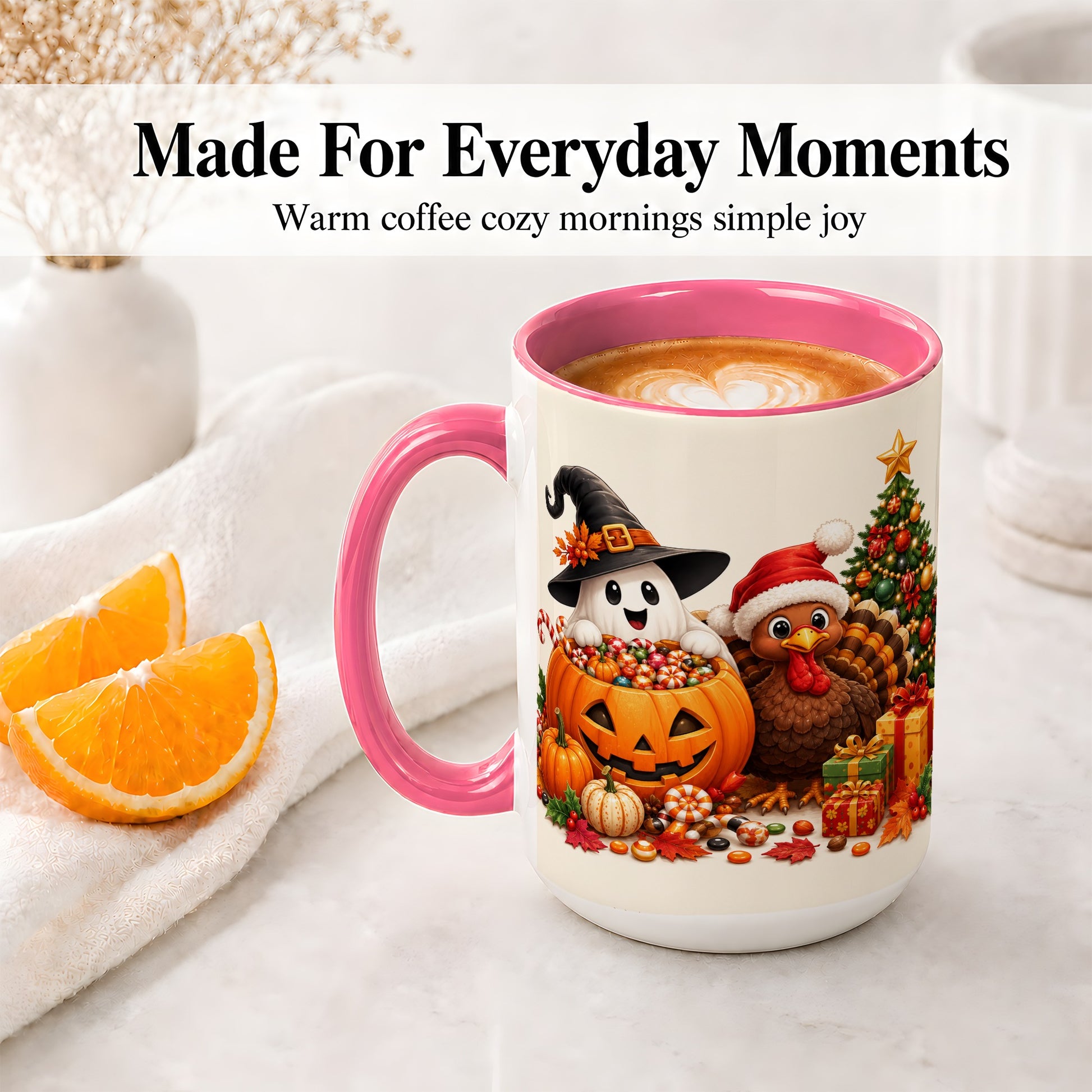 #pl[15oz|Pink] Holiday Ghost Turkey Ceramic Mug, Halloween Christmas Artwork