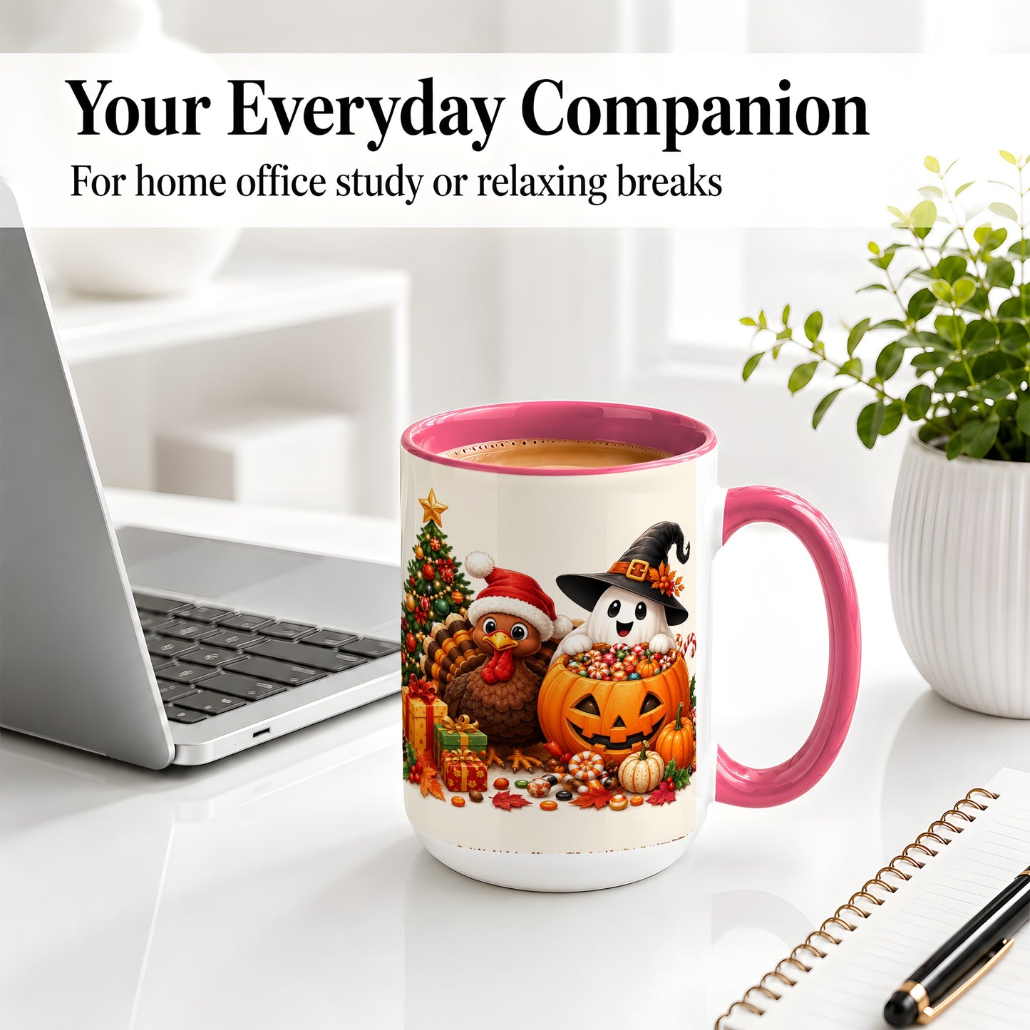#pl[15oz|Pink] Holiday Ghost Turkey Ceramic Mug, Halloween Christmas Artwork