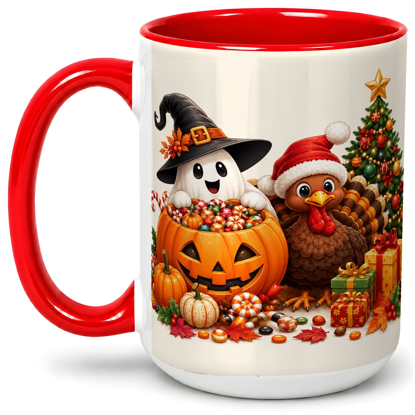 #pl[15oz|Red] Holiday Ghost Turkey Ceramic Mug, Halloween Christmas Artwork