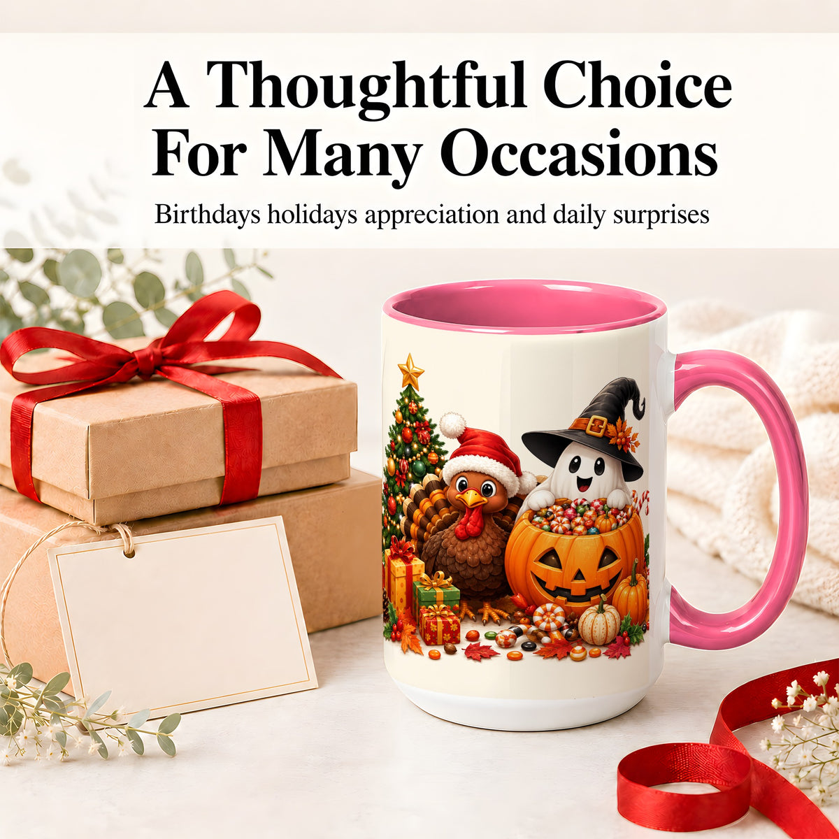 #pl[15oz|Pink] Holiday Ghost Turkey Ceramic Mug, Halloween Christmas Artwork
