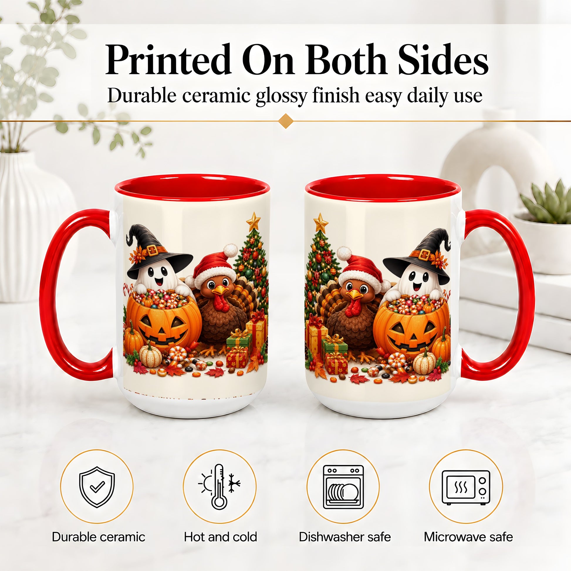 #pl[15oz|Red] Holiday Ghost Turkey Ceramic Mug, Halloween Christmas Artwork