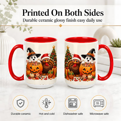 #pl[15oz|Red] Holiday Ghost Turkey Ceramic Mug, Halloween Christmas Artwork