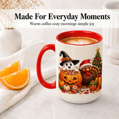 #pl[15oz|Red] Holiday Ghost Turkey Ceramic Mug, Halloween Christmas Artwork