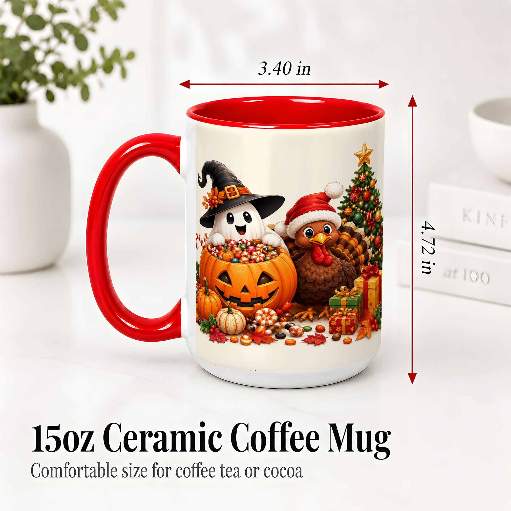 #pl[15oz|Red] Holiday Ghost Turkey Ceramic Mug, Halloween Christmas Artwork