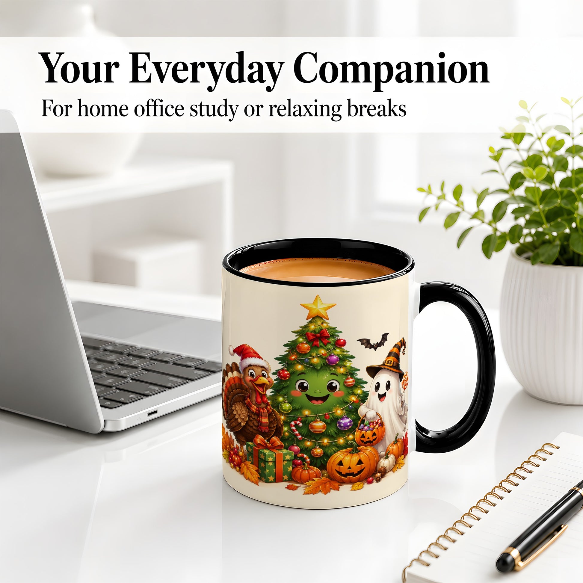 #pl[11oz|Black] Ghost Turkey Christmas Ceramic Mug, Cute Holiday Seasonal Artwork
