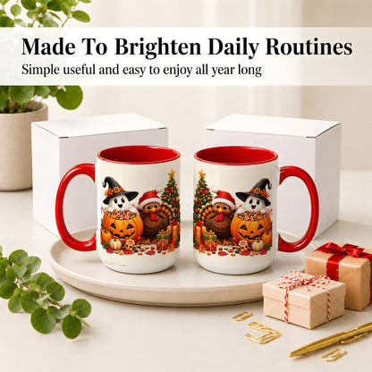 #pl[15oz|Red] Holiday Ghost Turkey Ceramic Mug, Halloween Christmas Artwork