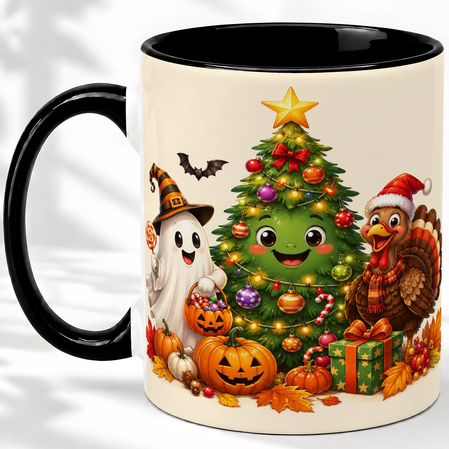 #pl[11oz|Black] Ghost Turkey Christmas Ceramic Mug, Cute Holiday Seasonal Artwork