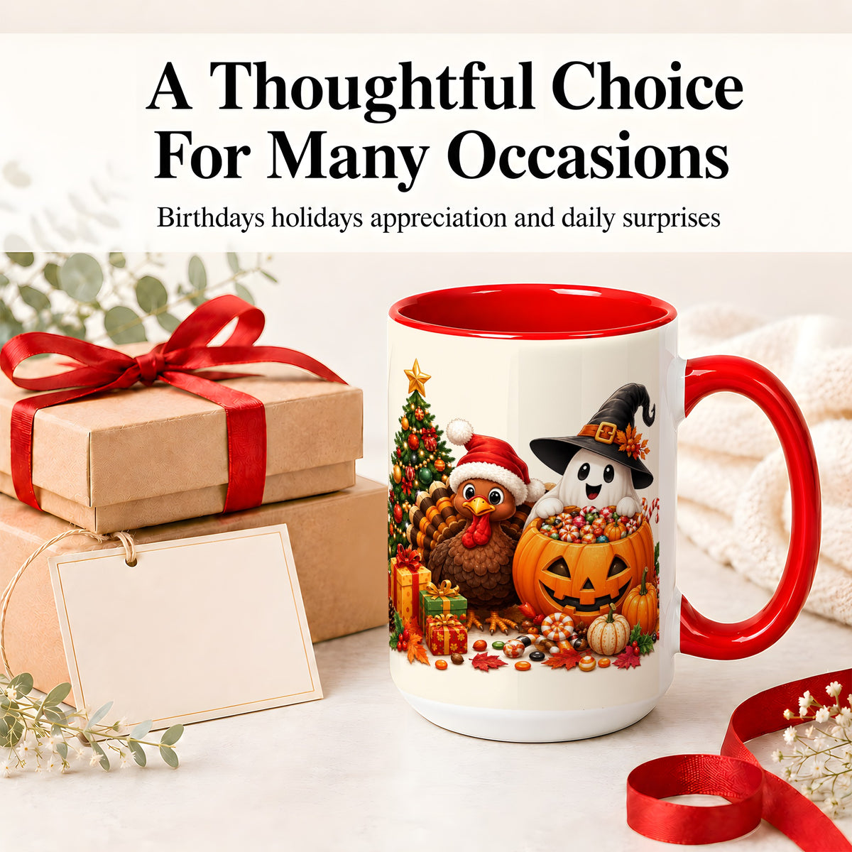 #pl[15oz|Red] Holiday Ghost Turkey Ceramic Mug, Halloween Christmas Artwork