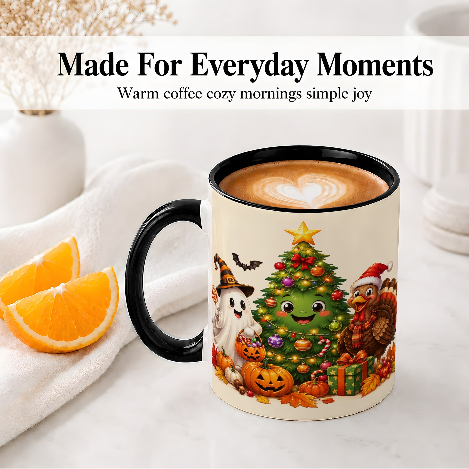 #pl[11oz|Black] Ghost Turkey Christmas Ceramic Mug, Cute Holiday Seasonal Artwork