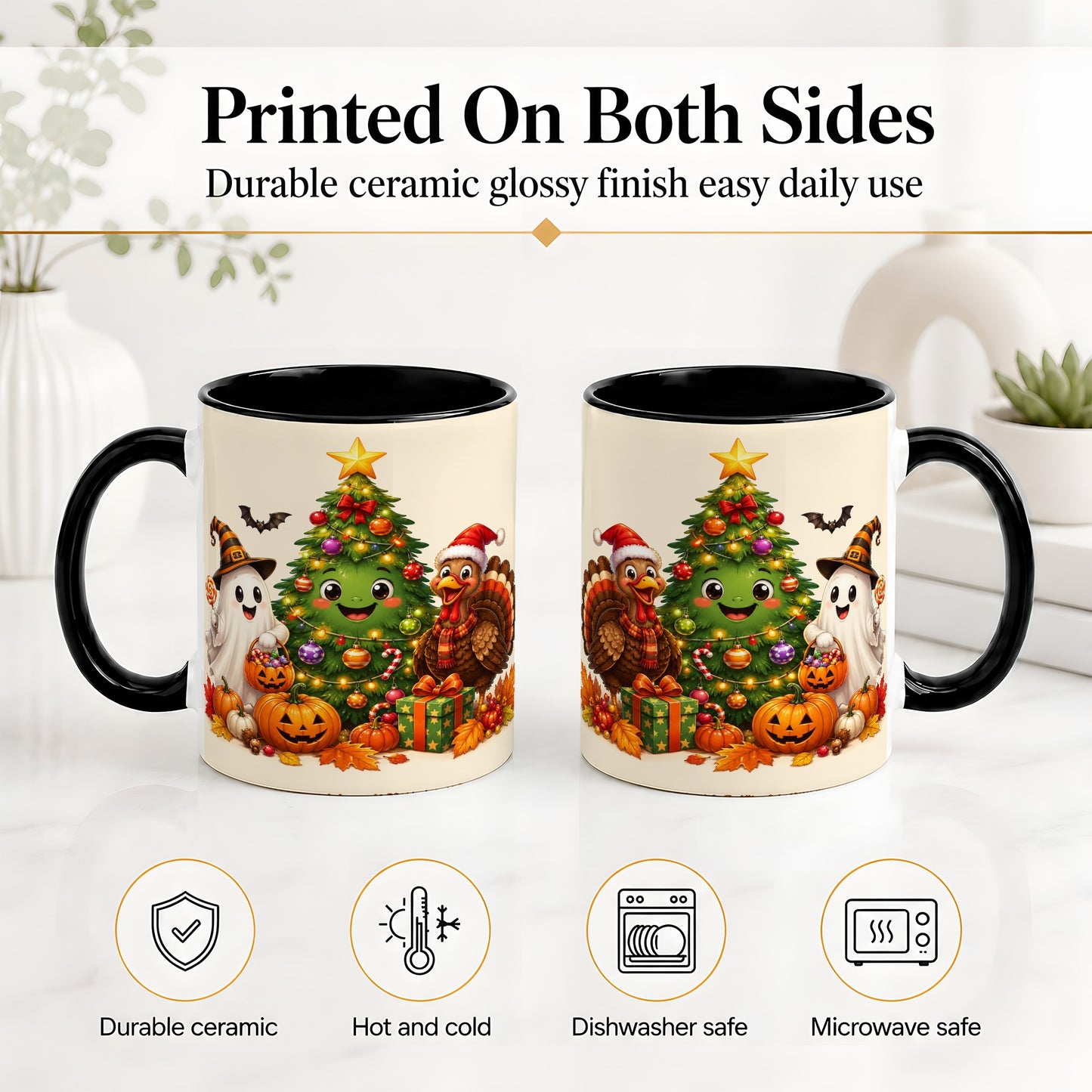 #pl[11oz|Black] Ghost Turkey Christmas Ceramic Mug, Cute Holiday Seasonal Artwork