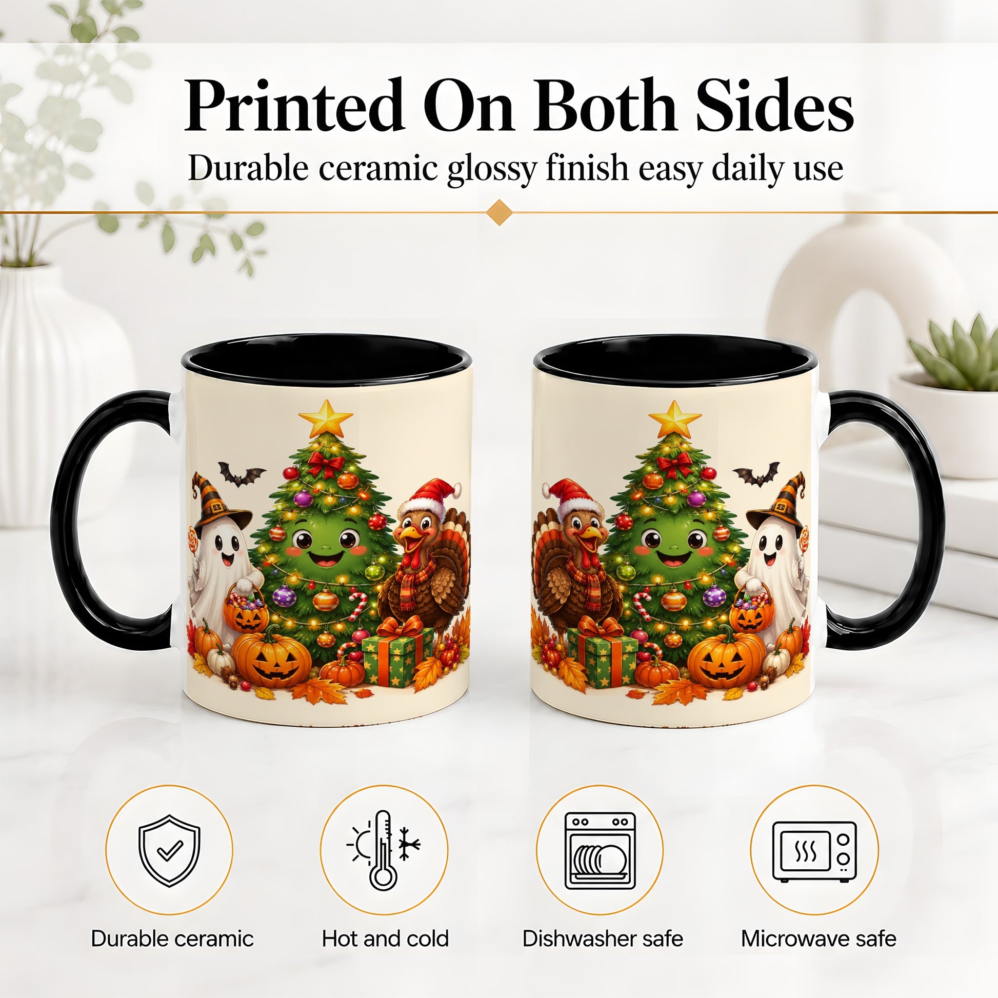 #pl[11oz|Black] Ghost Turkey Christmas Ceramic Mug, Cute Holiday Seasonal Artwork