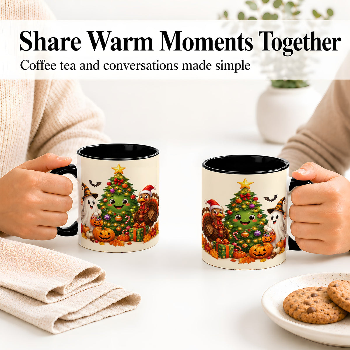 #pl[11oz|Black] Ghost Turkey Christmas Ceramic Mug, Cute Holiday Seasonal Artwork