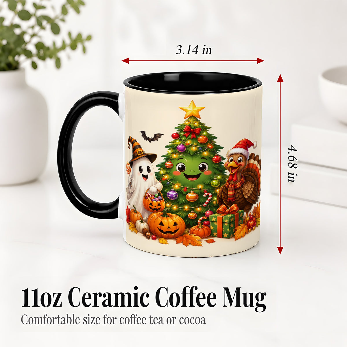 #pl[11oz|Black] Ghost Turkey Christmas Ceramic Mug, Cute Holiday Seasonal Artwork