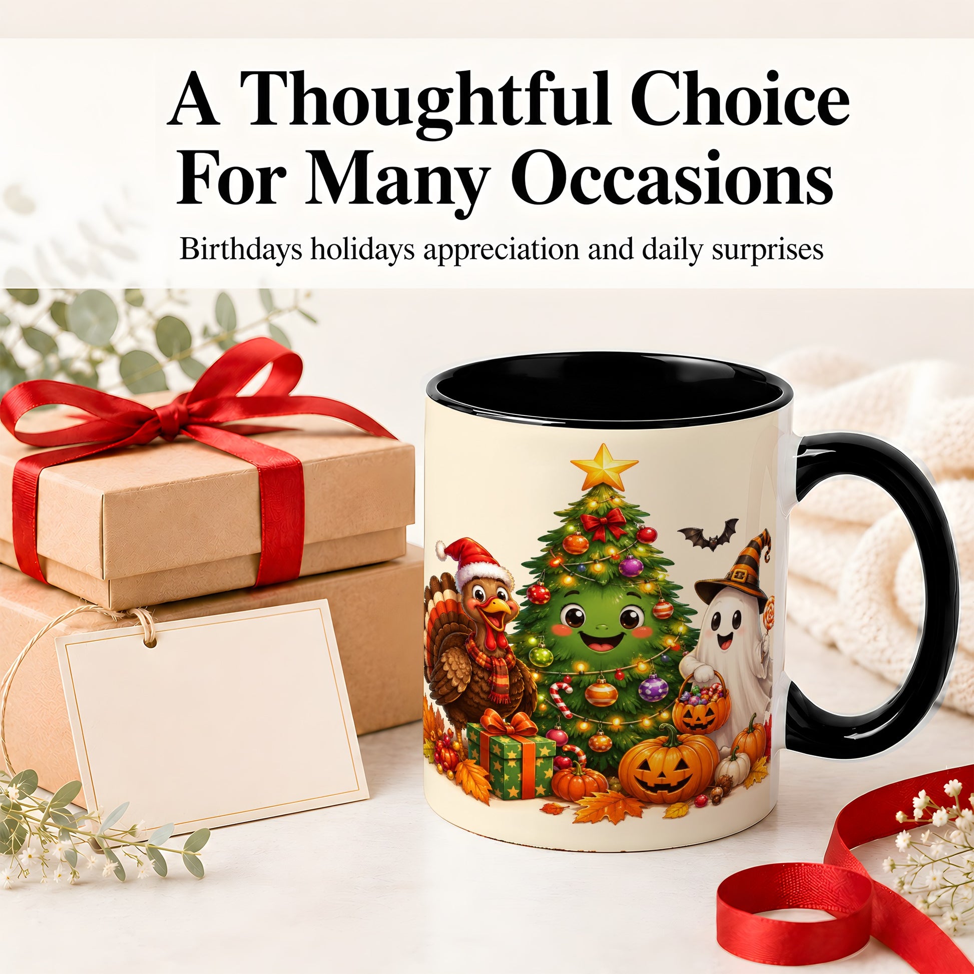 #pl[11oz|Black] Ghost Turkey Christmas Ceramic Mug, Cute Holiday Seasonal Artwork