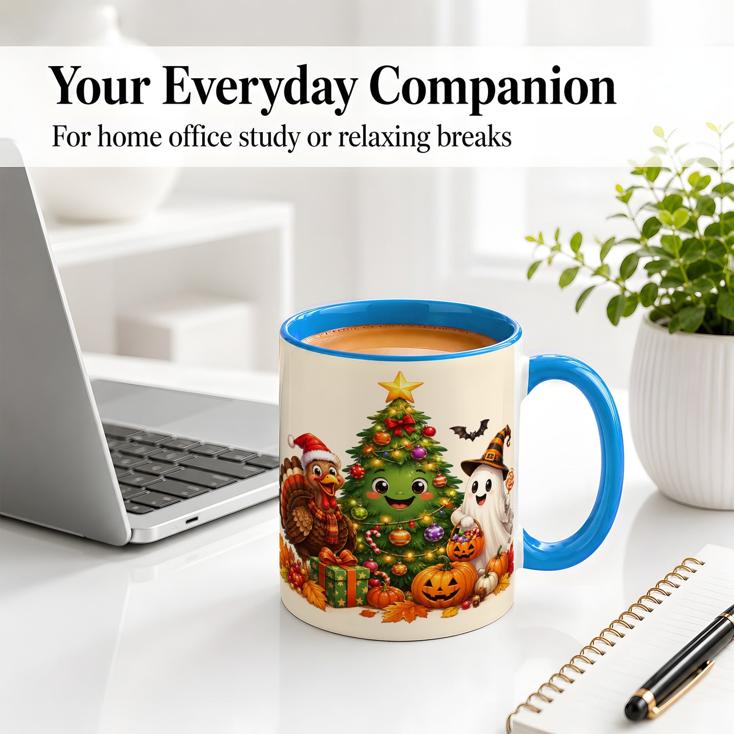 #pl[11oz|Blue] Ghost Turkey Christmas Ceramic Mug, Cute Holiday Seasonal Artwork