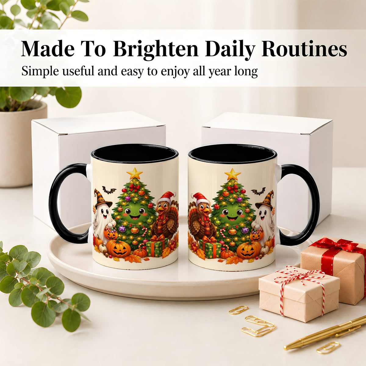 #pl[11oz|Black] Ghost Turkey Christmas Ceramic Mug, Cute Holiday Seasonal Artwork