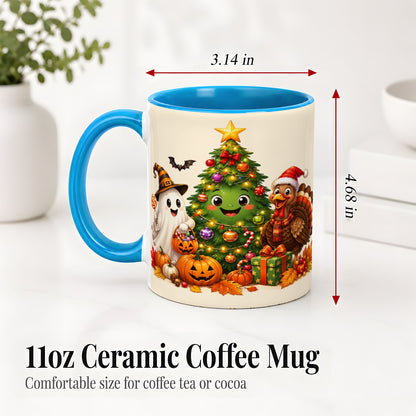 #pl[11oz|Blue] Ghost Turkey Christmas Ceramic Mug, Cute Holiday Seasonal Artwork