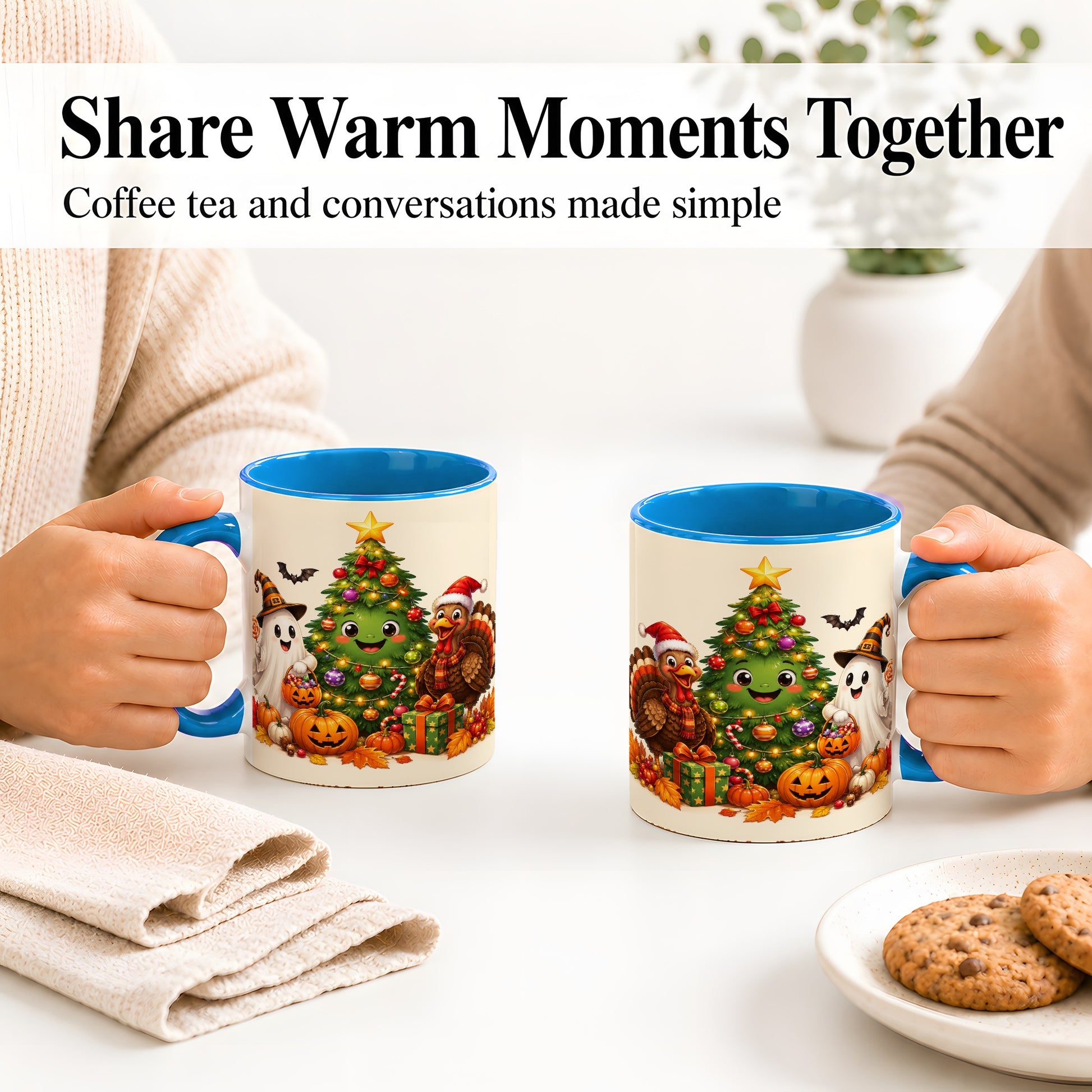 #pl[11oz|Blue] Ghost Turkey Christmas Ceramic Mug, Cute Holiday Seasonal Artwork