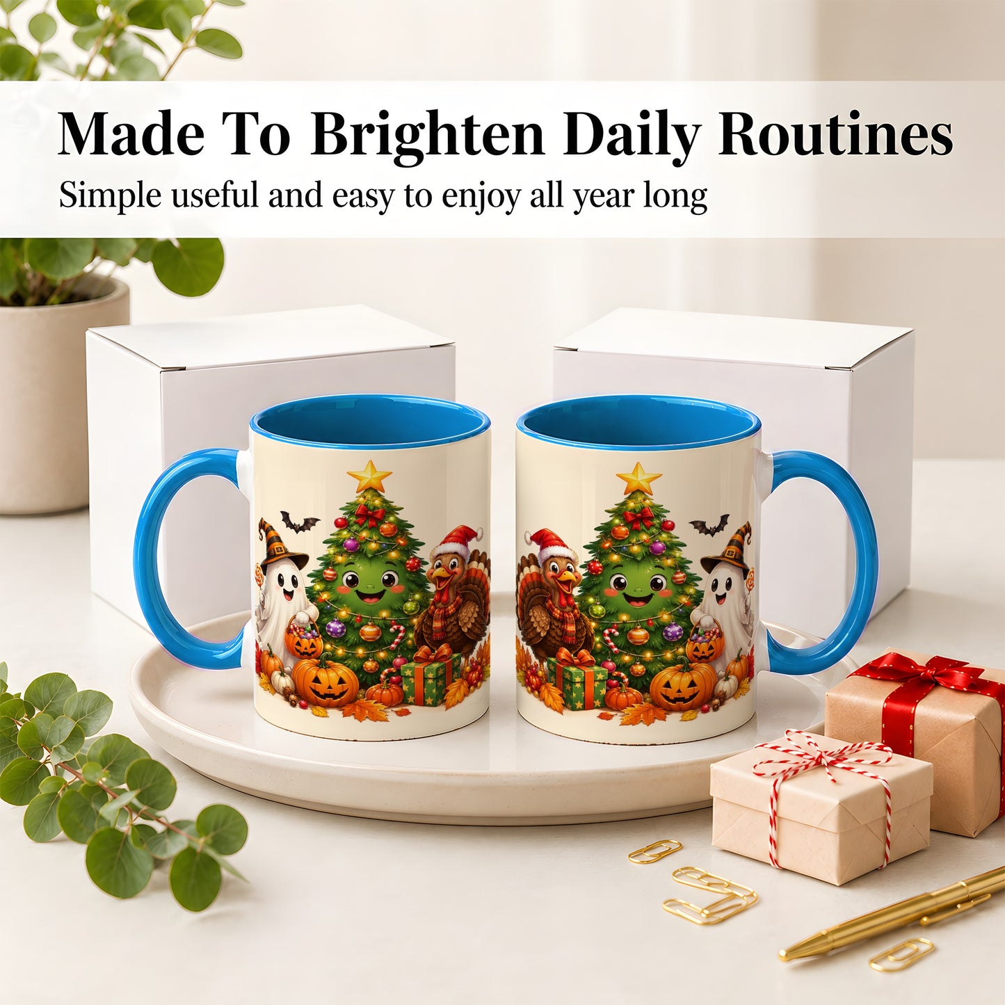 #pl[11oz|Blue] Ghost Turkey Christmas Ceramic Mug, Cute Holiday Seasonal Artwork