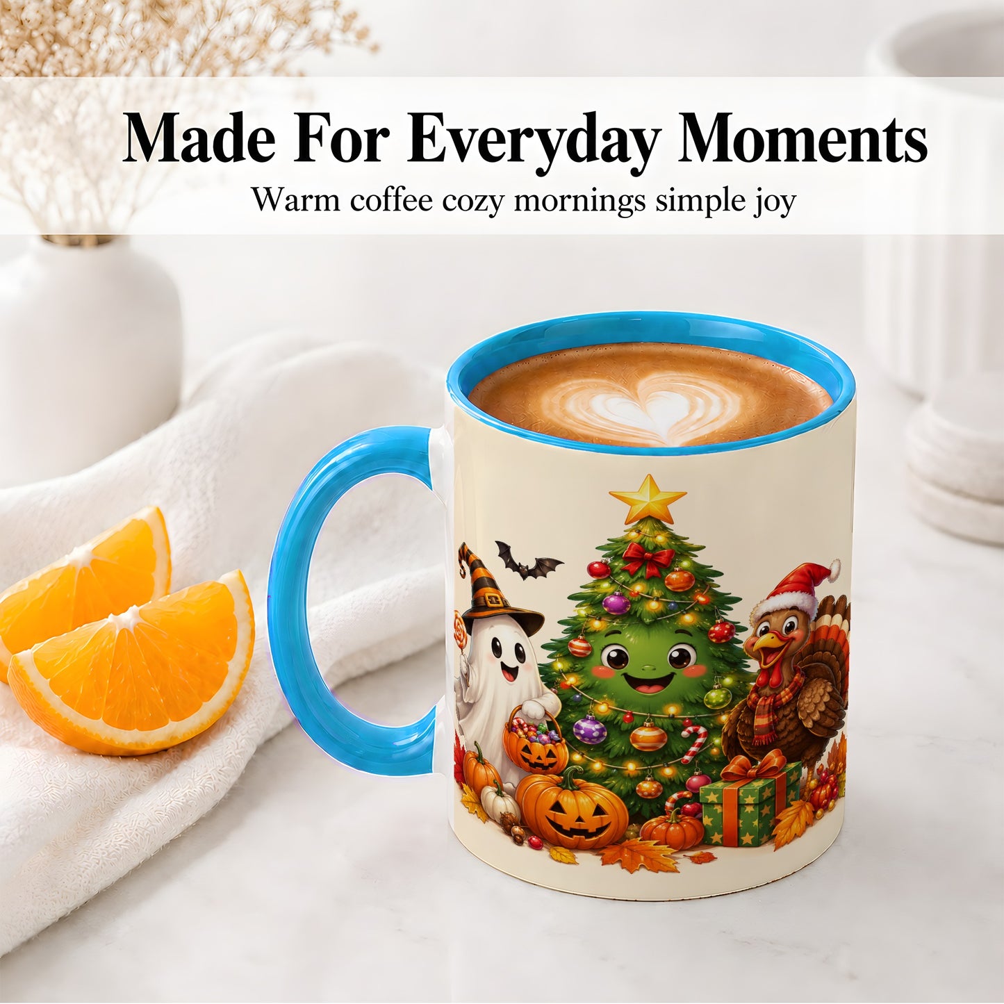 #pl[11oz|Blue] Ghost Turkey Christmas Ceramic Mug, Cute Holiday Seasonal Artwork