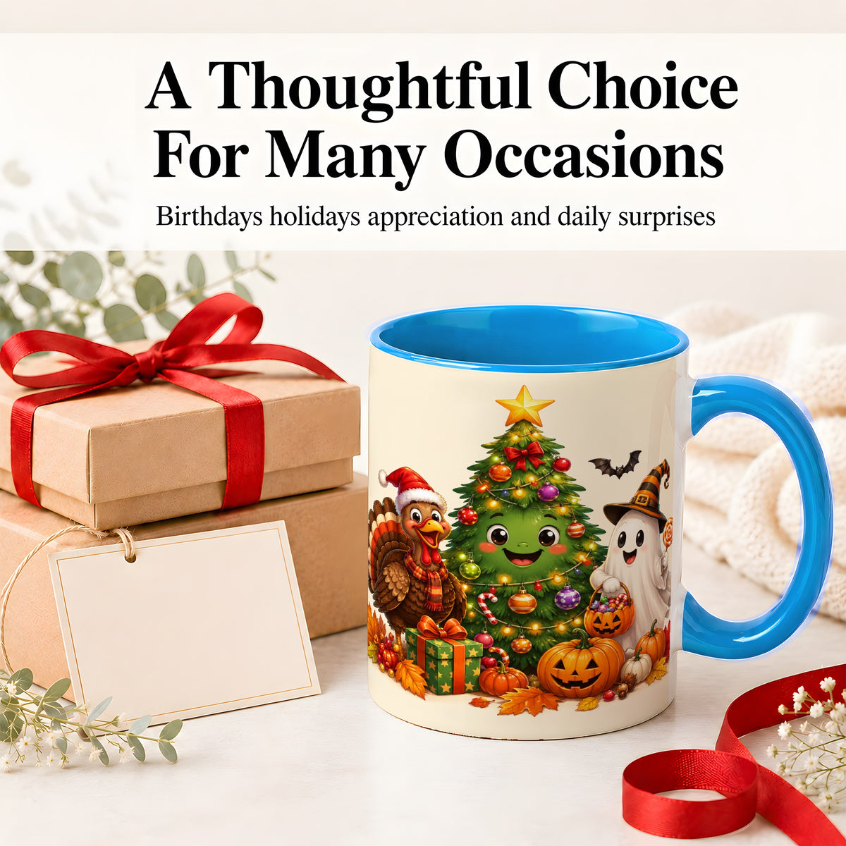 #pl[11oz|Blue] Ghost Turkey Christmas Ceramic Mug, Cute Holiday Seasonal Artwork