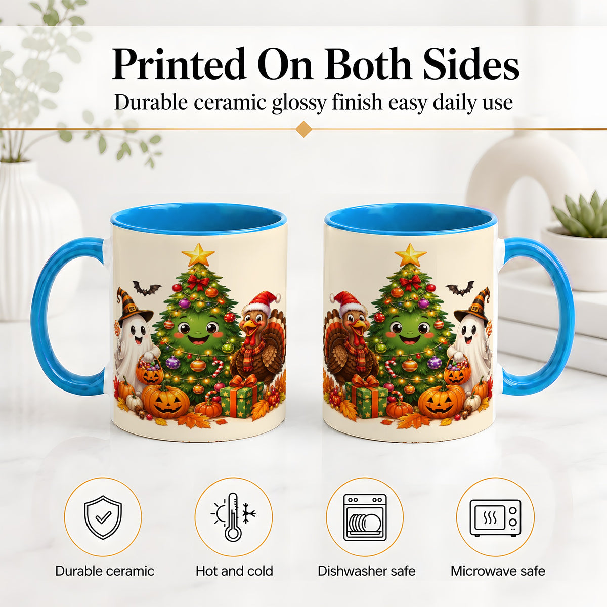 #pl[11oz|Blue] Ghost Turkey Christmas Ceramic Mug, Cute Holiday Seasonal Artwork