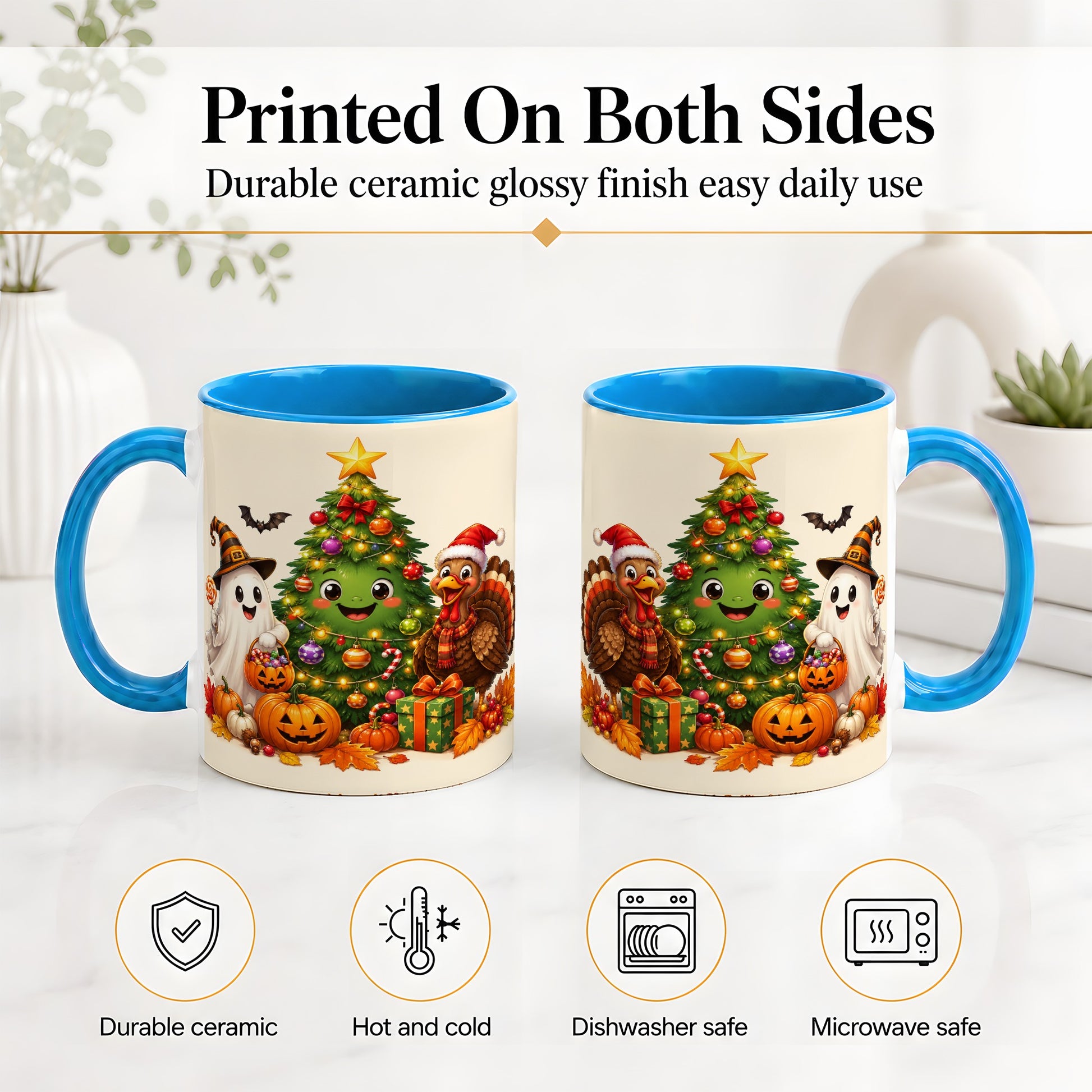 #pl[11oz|Blue] Ghost Turkey Christmas Ceramic Mug, Cute Holiday Seasonal Artwork