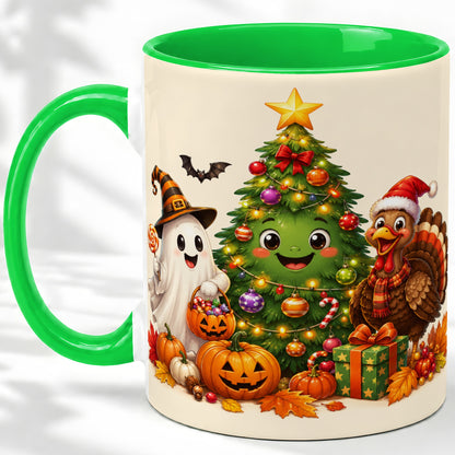 #pl[11oz|Green] Ghost Turkey Christmas Ceramic Mug, Cute Holiday Seasonal Artwork