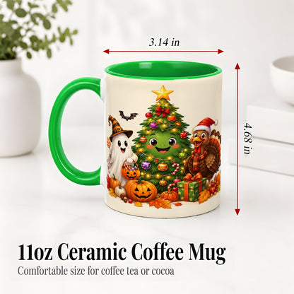 #pl[11oz|Green] Ghost Turkey Christmas Ceramic Mug, Cute Holiday Seasonal Artwork