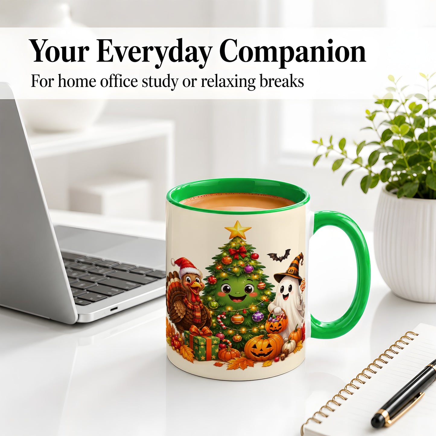 #pl[11oz|Green] Ghost Turkey Christmas Ceramic Mug, Cute Holiday Seasonal Artwork