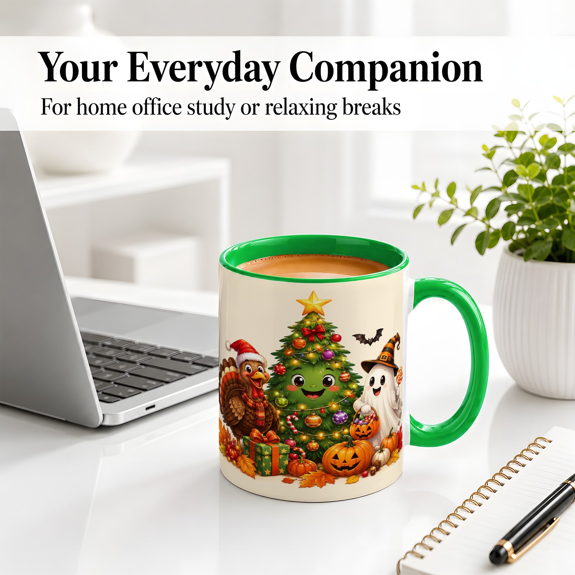 #pl[11oz|Green] Ghost Turkey Christmas Ceramic Mug, Cute Holiday Seasonal Artwork