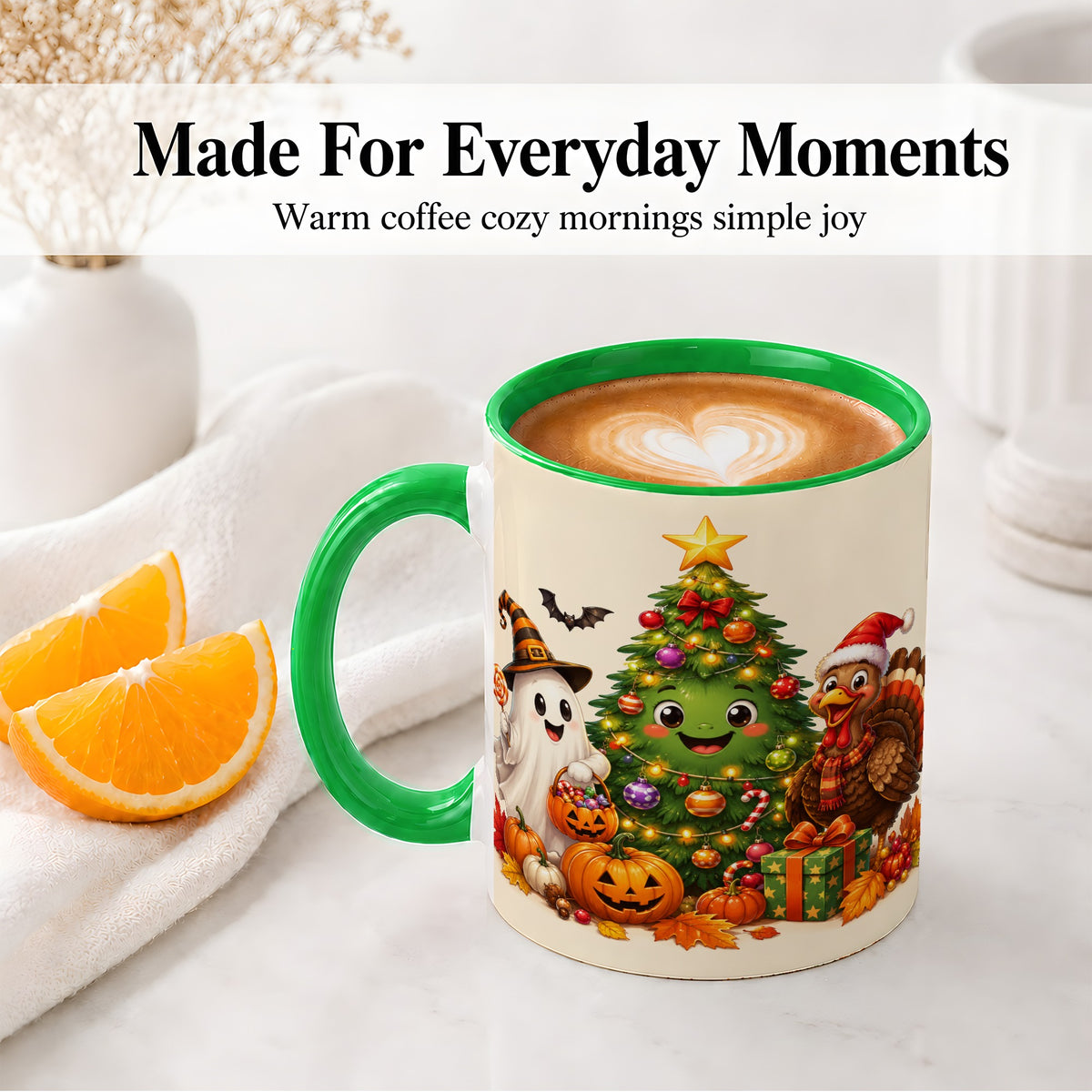 #pl[11oz|Green] Ghost Turkey Christmas Ceramic Mug, Cute Holiday Seasonal Artwork