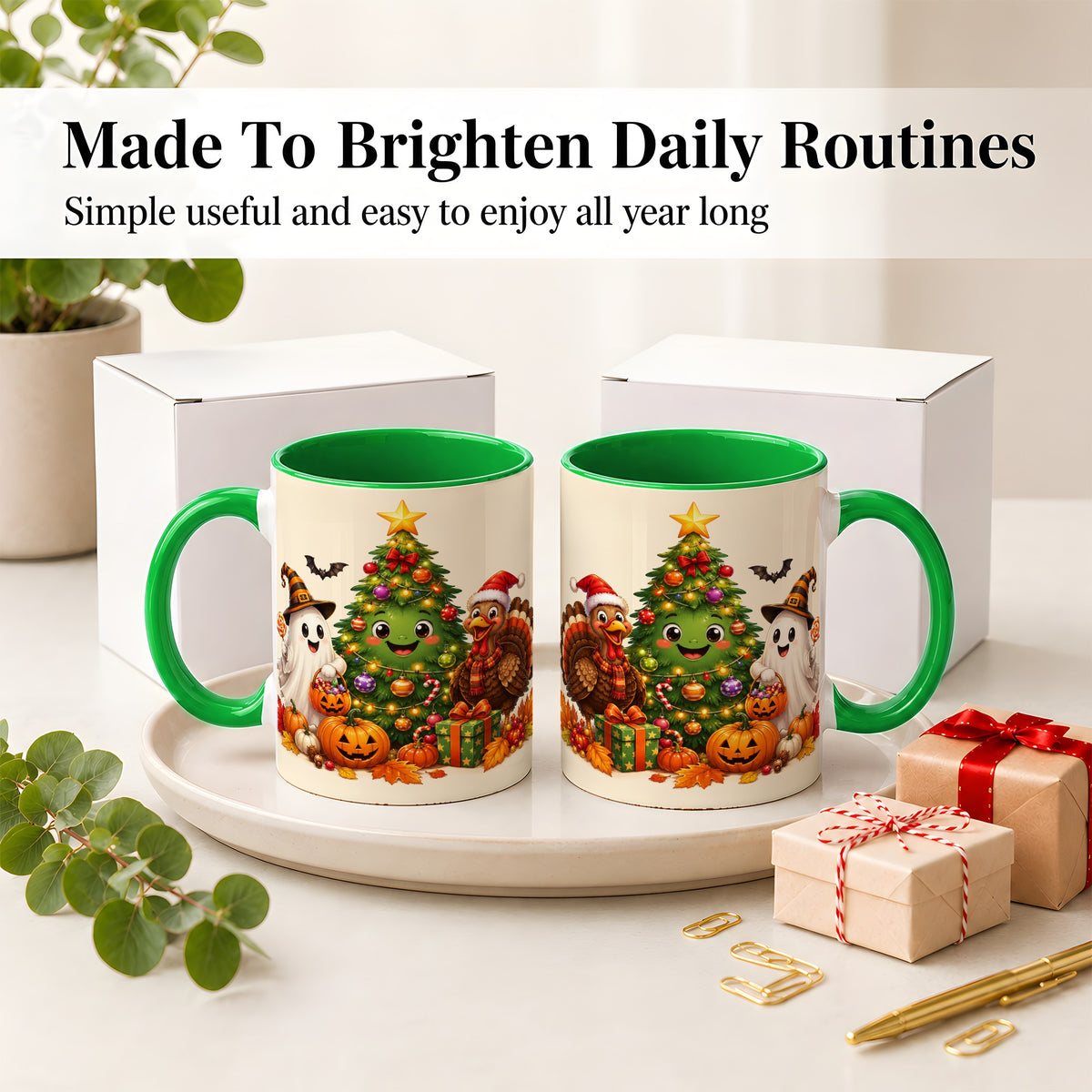 #pl[11oz|Green] Ghost Turkey Christmas Ceramic Mug, Cute Holiday Seasonal Artwork