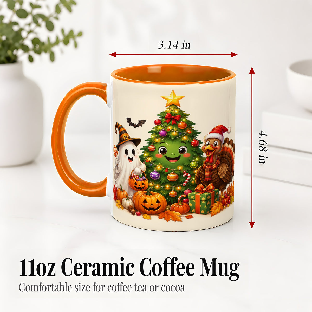 #pl[11oz|Orange] Ghost Turkey Christmas Ceramic Mug, Cute Holiday Seasonal Artwork