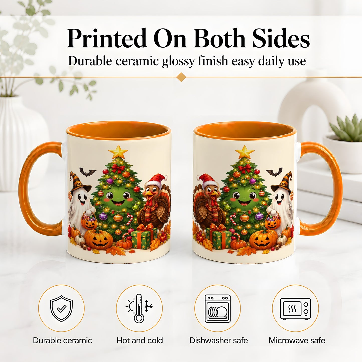 #pl[11oz|Orange] Ghost Turkey Christmas Ceramic Mug, Cute Holiday Seasonal Artwork