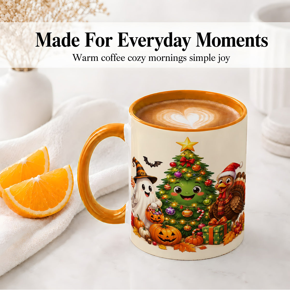 #pl[11oz|Orange] Ghost Turkey Christmas Ceramic Mug, Cute Holiday Seasonal Artwork